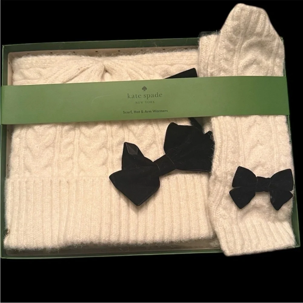 Kate Spade White Scarf,Hat,Arm Warmers Box Set NWT